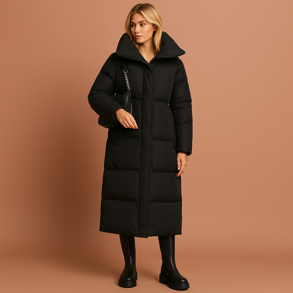 Chique lange winterjas voor dames, met een warme voering en elegante pasvorm, perfect voor stijlvolle wintermode.