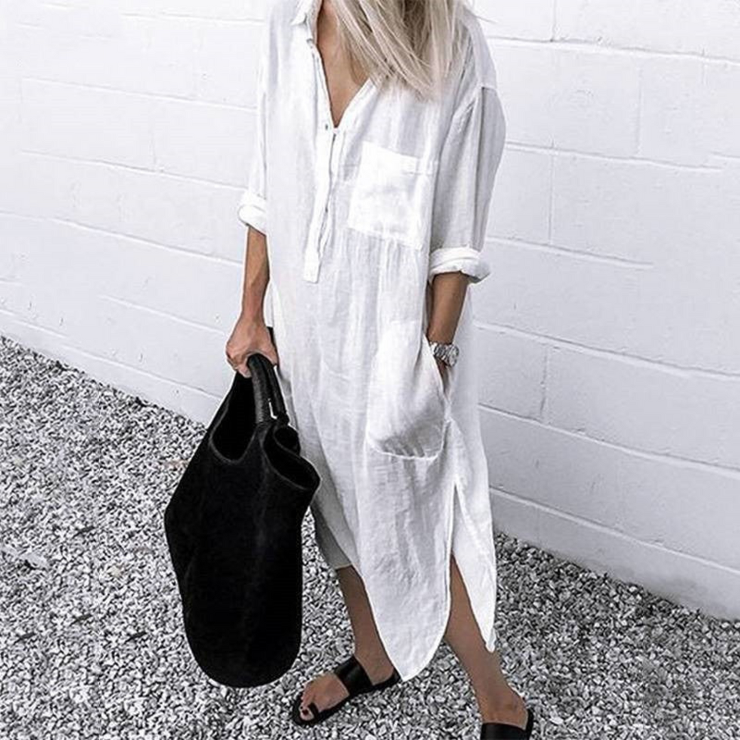 Lange elegante zomerjurk voor dames. Comfortabele maxi-jurk, stijlvol en veelzijdig voor warme zomerdagen.
