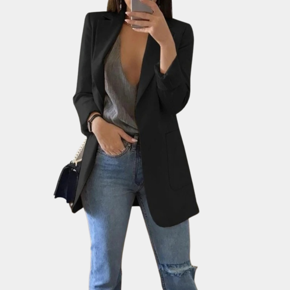 Elegante lange damesblazer, perfect voor een stijlvolle zakelijke of casual zomerlook. Tijdloze mode.