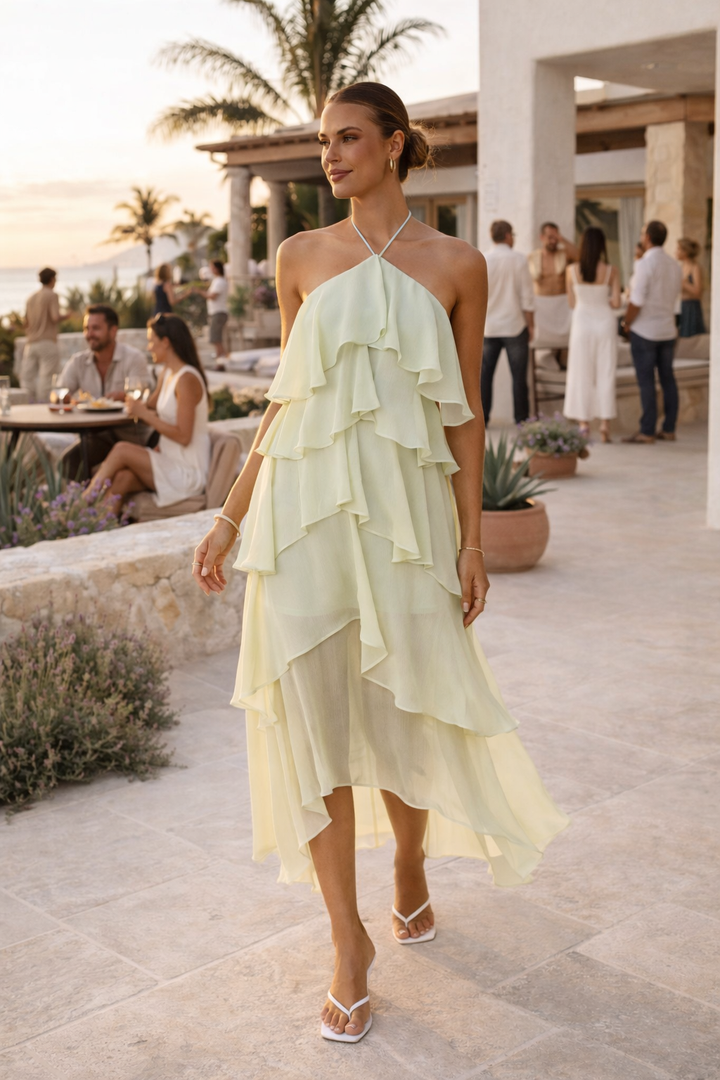 Stijlvolle lange jurk voor bruiloftsgasten of feestelijke zomeravonden. Een elegante dames halterjurk.