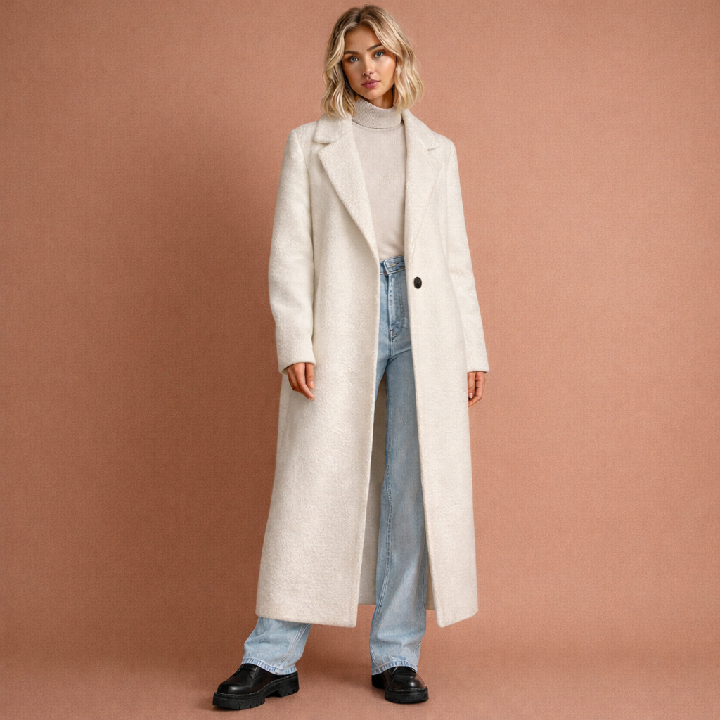 Elegante lange oversized dames mantel in moderne stijl, perfect als winterjas of herfstjas voor een casual chic look.
