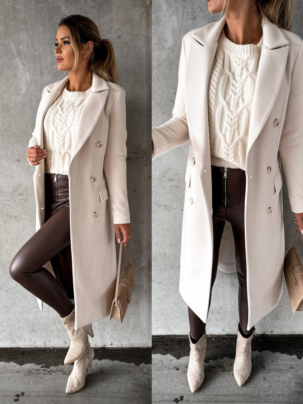 Elegante lange tussenjas voor dames, perfect voor een stijlvolle look in de overgangsseizoenen.