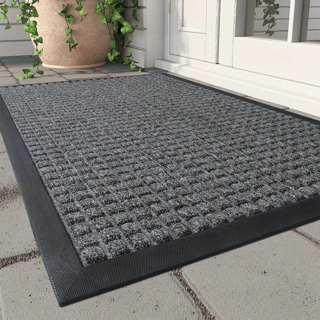 "Elegante luxe deurmat voor binnen en buiten, zwart en grijs, 45x75 cm, antislip, onderhoudsvriendelijk en stijlvol."