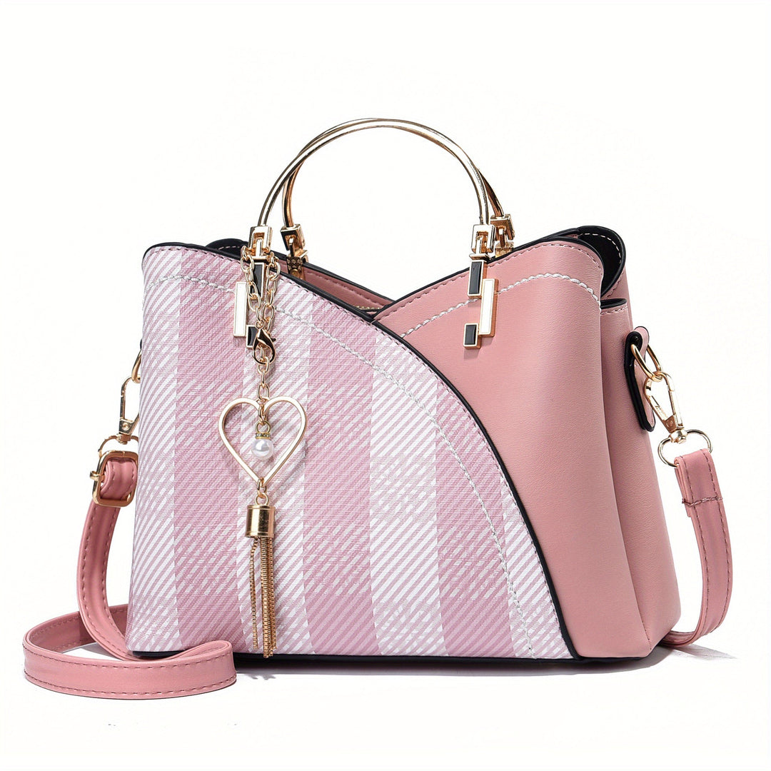 "Elegante luxe leren handtas met stijlvol kleurblokontwerp en kwastjes, perfect voor de moderne vrouw, frontaal gezien."