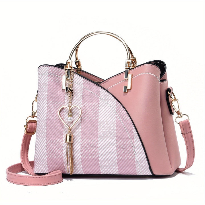"Elegante luxe leren handtas met stijlvol kleurblokontwerp en kwastjes, perfect voor de moderne vrouw, frontaal gezien."