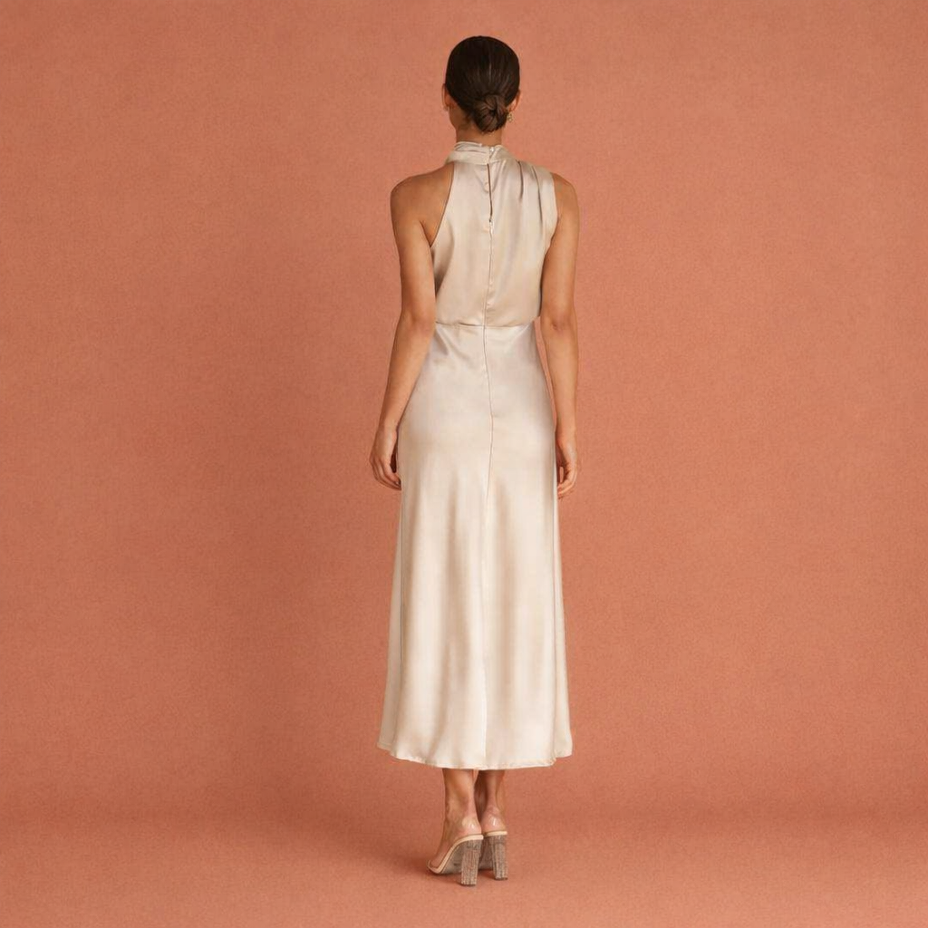 Mouwloze lange damesjurk, chique en tijdloos, ideaal voor gala of bruiloftsgast.
