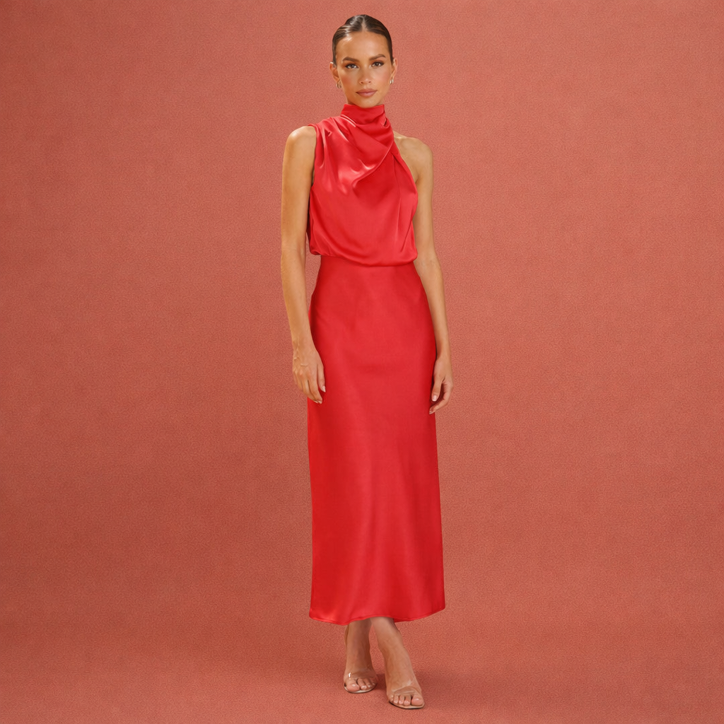 Feestjurk dames, mouwloos met gedrapeerde neklijn, ideaal voor gala en speciale events.