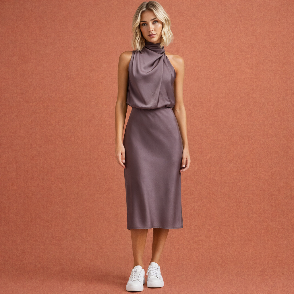 Tijdloze damesmode: elegante lange jurk met gedrapeerde hals, veelzijdig voor avonden.