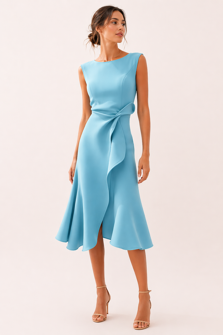 Elegante midi-jurk dames met stijlvolle zijsplit. Perfect als avond- of feestjurk. Mouwloos ontwerp, comfortabel & chic.