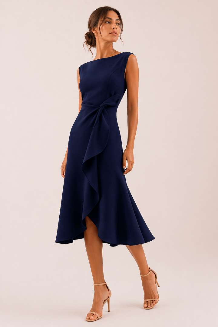 Dames midi-jurk met hoge split. Elegante mouwloze avondjurk, ideaal voor gala's of speciale gelegenheden. Vrouwenmode.