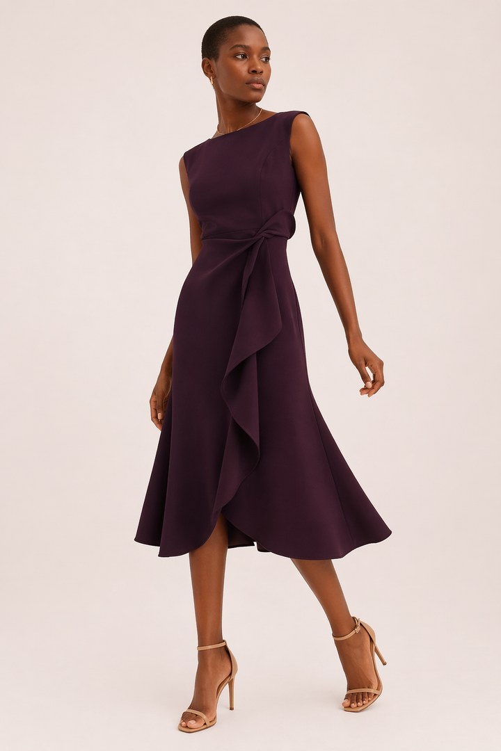 Veelzijdige dames midi-jurk met split, geschikt als cocktail-, avond- of zomerjurk. Elegante en vrouwelijke uitstraling.