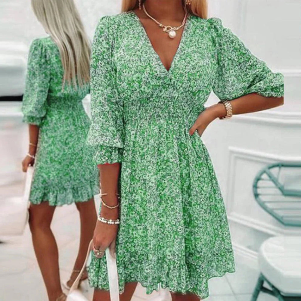 JANNINE midi zomerjurk in rood, groen en blauw, met V-hals en korte mouwen
