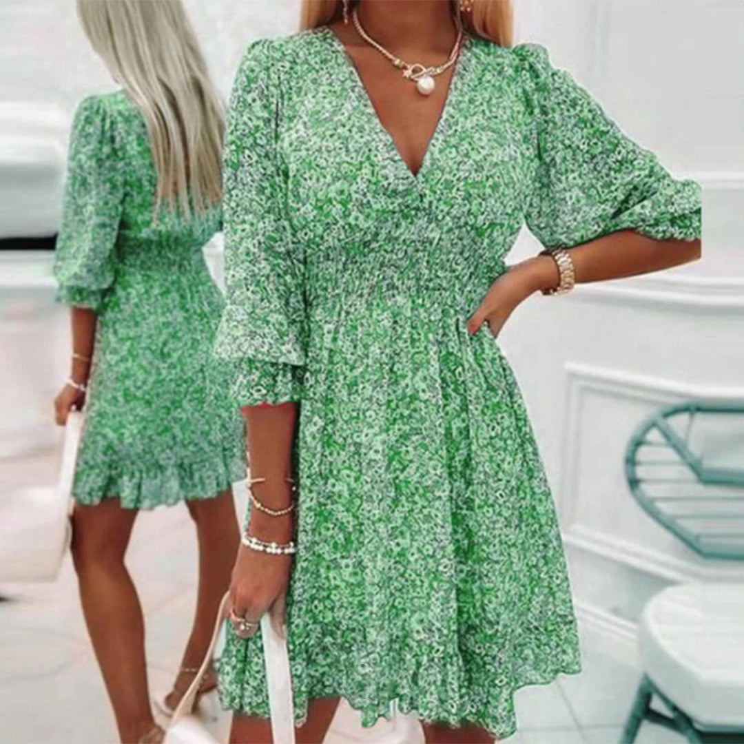 JANNINE midi zomerjurk in rood, groen en blauw, met V-hals en korte mouwen