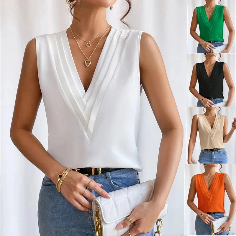 Klassieke damesblouse mouwloos met V-hals, een tijdloze modekeuze voor elke vrouw.