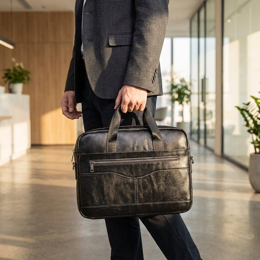 Elegante Navaroox heren aktetas van echt leer, ideaal voor laptop en documenten, perfect voor professioneel gebruik.