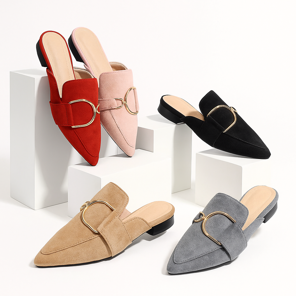 Moderne zwarte Noruega damesmuiltjes met D-gesp, elegante en comfortabele schoenen voor elke gelegenheid.