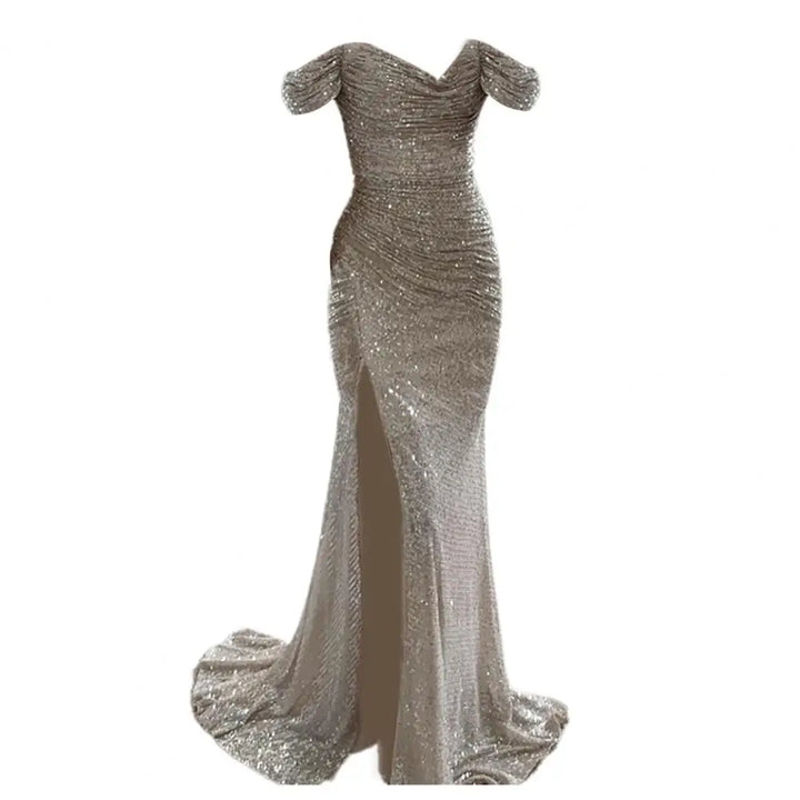 "Elegante off-shoulder maxi jurk met lovertjes, geplooide mouwen en V-hals, geschikt voor avondfeesten of chique gelegenheden