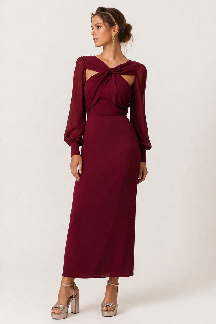 Elegante rode midi-jurk voor dames met lange mouwen en geraffineerd knoopdetail, perfect voor feestjes.