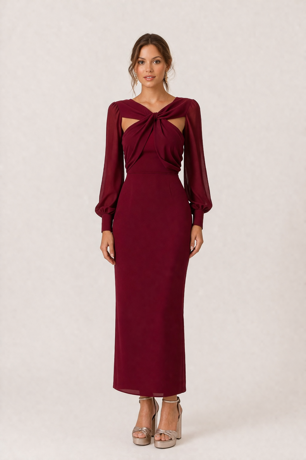Moderne rode dames midi-jurk met knoopdetail en lange mouwen, een elegante keuze voor diverse gelegenheden.