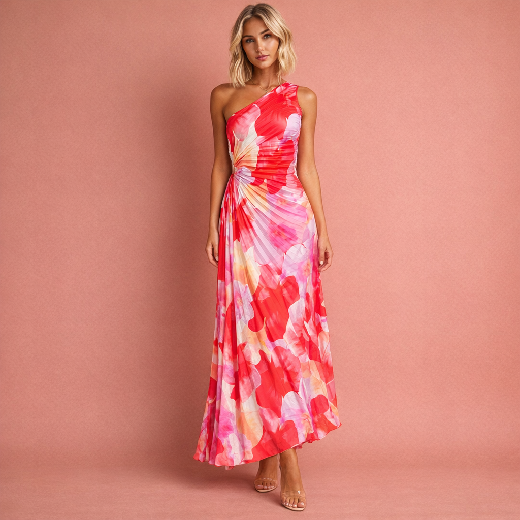 Elegante rode one-shoulder dames maxi jurk met bloemdetails, ideaal als zomer- of feestjurk.