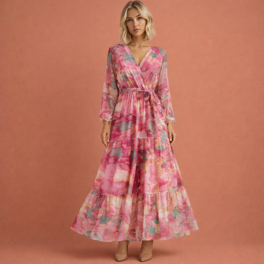 Elegante roze dames maxi jurk met V-hals en stijlvolle ceintuur, perfect voor zomerse dagen of lente evenementen.
