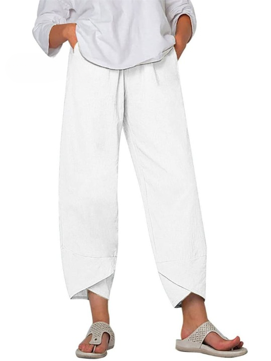 "Elegante Silvia Linnen Broek met relaxte pasvorm, elastische taille en zijzakken, perfect voor casual en comfort."