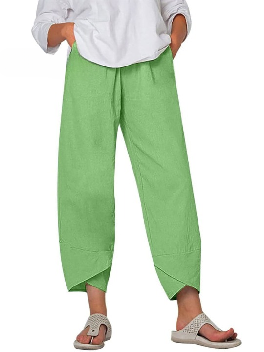 "Elegante Silvia Linnen Broek met relaxte pasvorm, elastische taille en zijzakken, perfect voor casual en comfort."