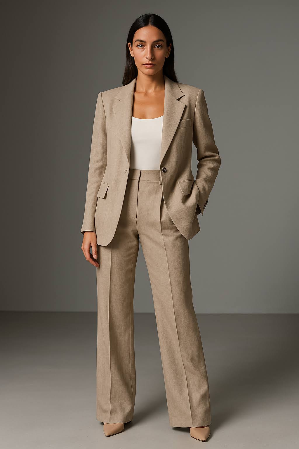 Comfortabele dames pantalon met rechte pijpen, onderdeel van een stijlvolle tweedelige kleding set. Geschikt voor lente.