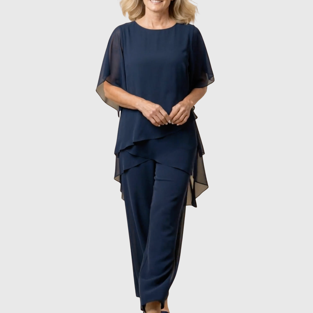 Comfortabele dames set met wijde palazzo broek en elegante top. Ideaal voor zomer & voorjaar.