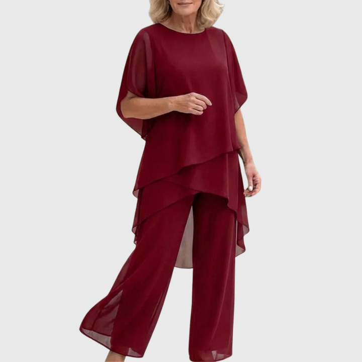 Dames set voor een casual chic look: comfortabele top met drapering en luchtige palazzo broek.