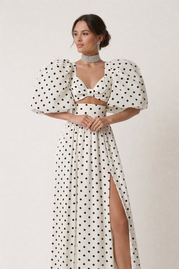 Feestelijke dames kleding: tweedelige elegante topset met pofmouwen blouse en bolletjesprint maxirok voor de zomer.