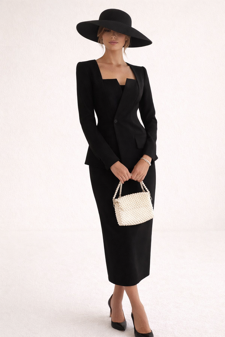 Elegante tweedelige damesset: getailleerde blazer en golvende maxirok, ideaal voor een stijlvolle zakelijke of avondlook.