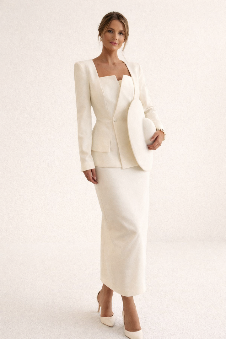 Stijlvolle tweedelige outfit: klassieke blazer en lange maxirok. Een complete set voor elke elegante gelegenheid.