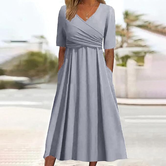 "Elegante vintage V-hals jurk, korte mouwen, damesmode in veelzijdige kleuren, flatterend en comfortabel materiaal."