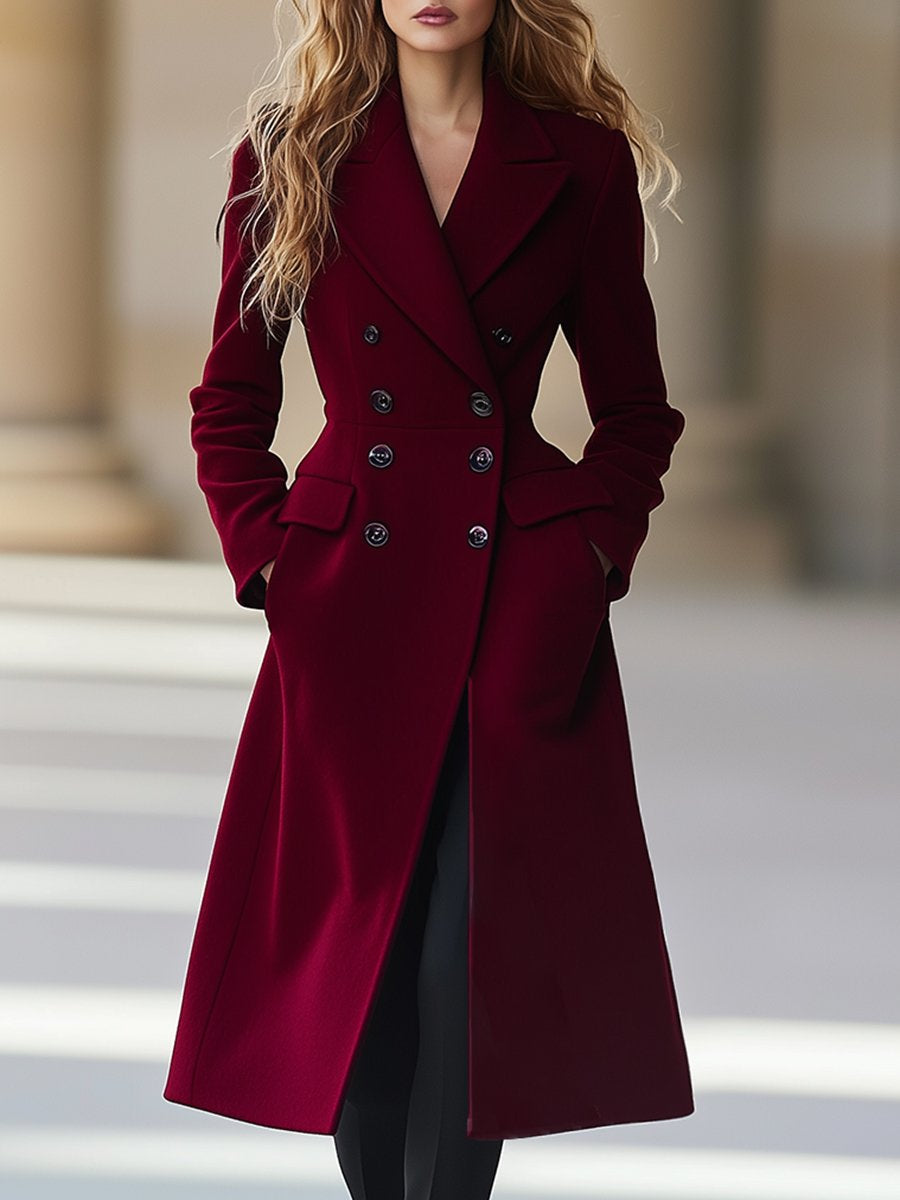 Elegante wijnrode dames trenchcoat, tijdloos en chic. Perfecte herfst- of winterjas voor verfijnde stijl.