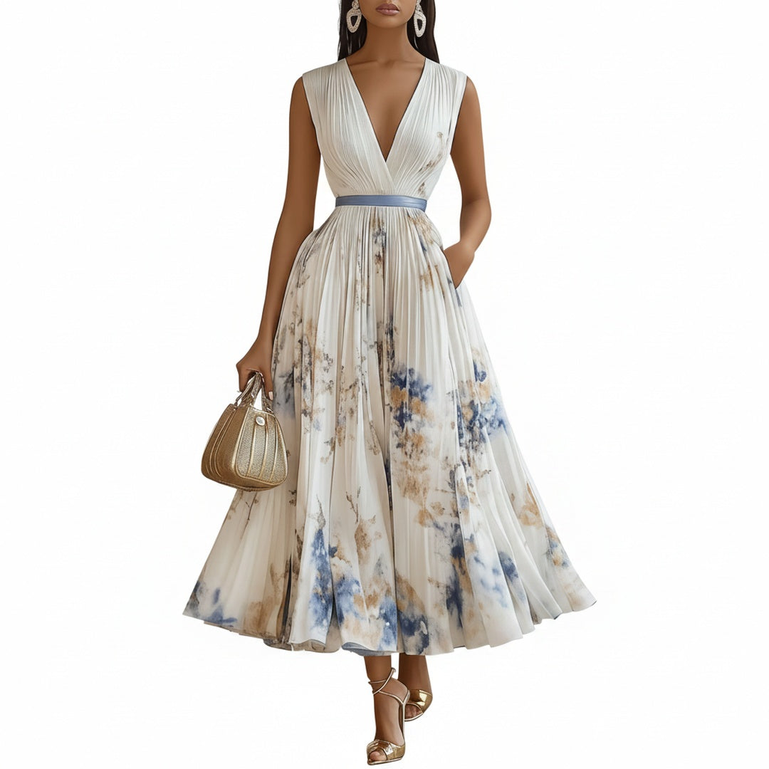 Elegante witte dames midi jurk met kleurrijke bloemenprint. Mouwloze A-lijn feestjurk met V-hals voor zomerse gala's.