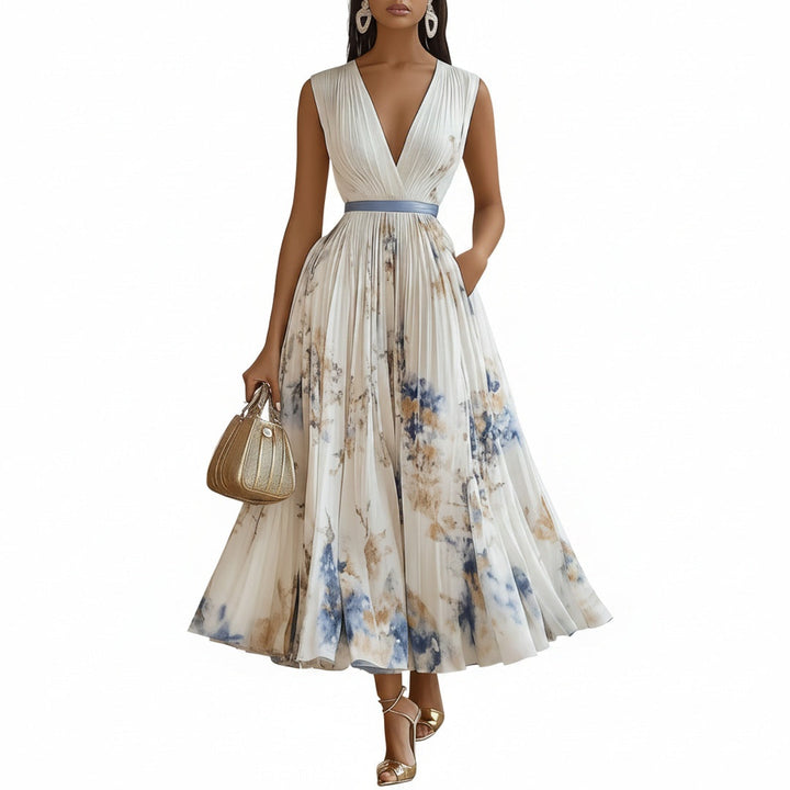 Elegante witte dames midi jurk met kleurrijke bloemenprint. Mouwloze A-lijn feestjurk met V-hals voor zomerse gala's.