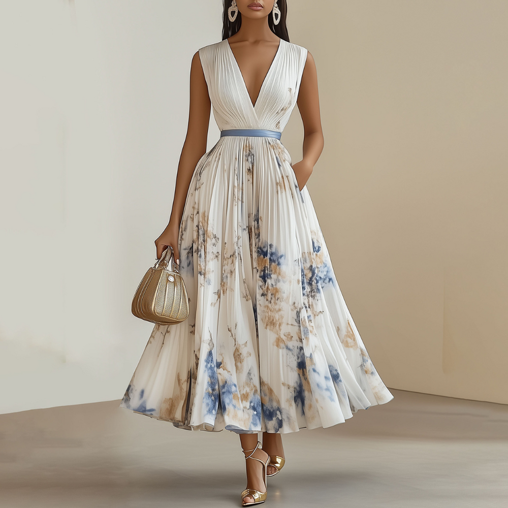 Chique geplooide midi avondjurk voor dames met bloemenprint. Perfecte mouwloze V-hals jurk voor bruiloftsgasten.