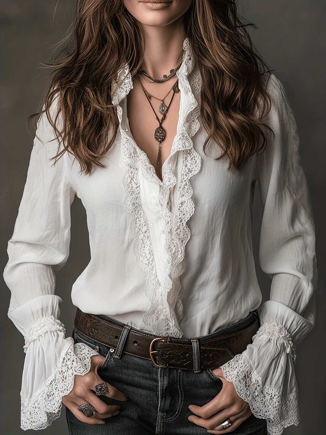 Elegante witte damesblouse met fijne kanten details en lange mouwen, perfect voor zowel casual als zakelijke looks.