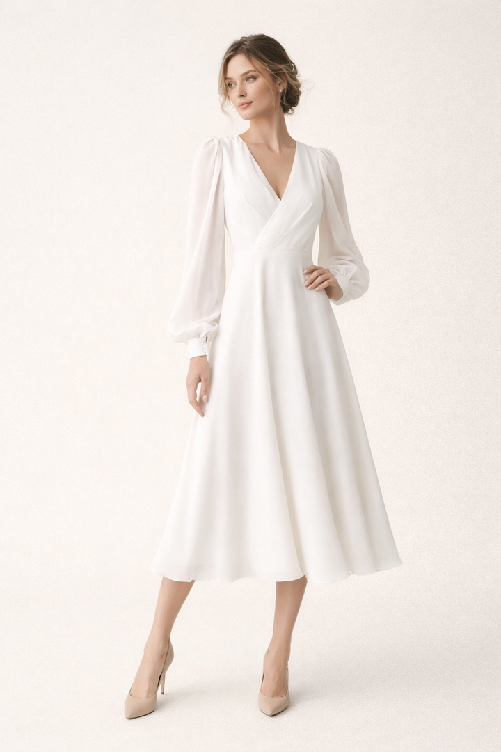 Elegante witte midi jurk met V-hals en pofmouwen. Chique dameskleding, perfect als feest- of galajurk.
