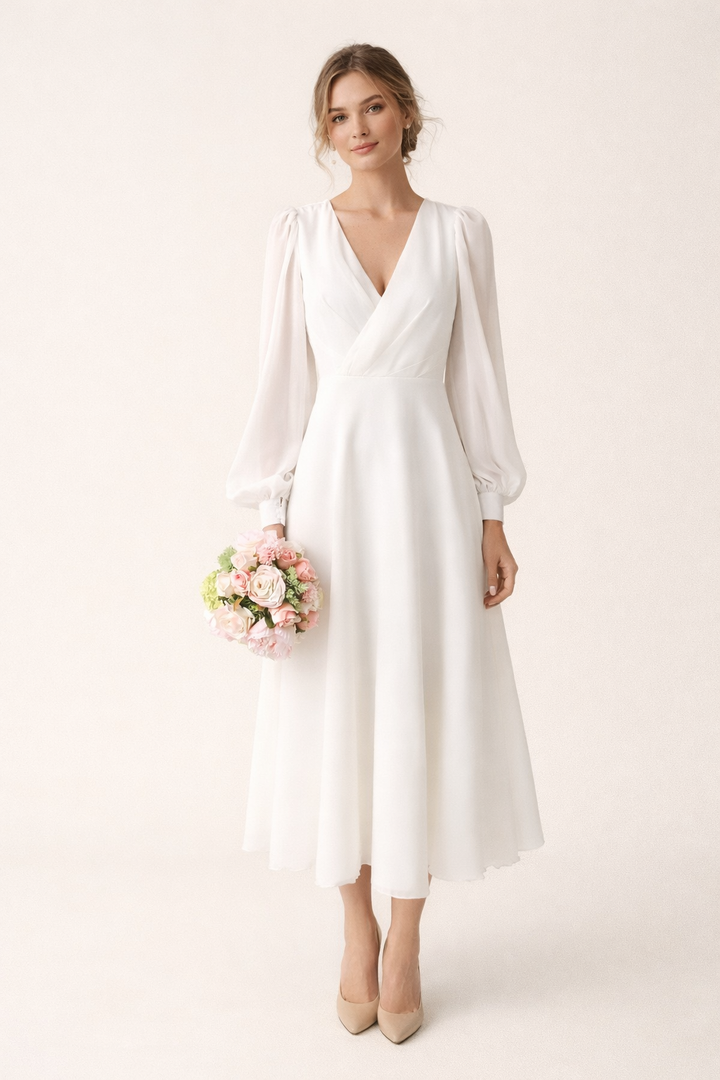 Witte midi jurk voor dames. Een chique jurk met lange pofmouwen en een elegante V-hals, zeer modieus.