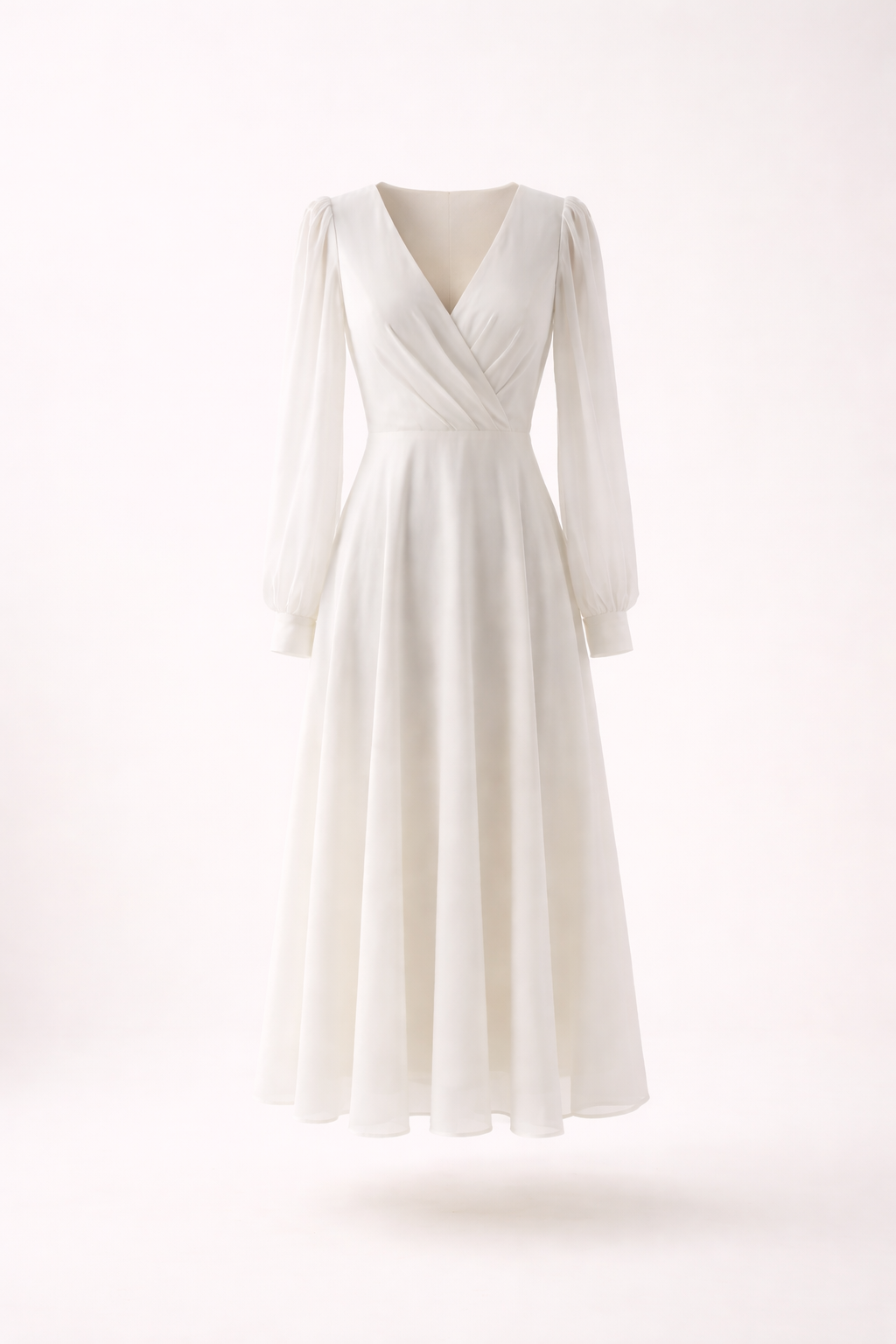 Feestjurk: witte elegante midi jurk met opvallende pofmouwen en V-hals. Perfect voor chique gelegenheden.