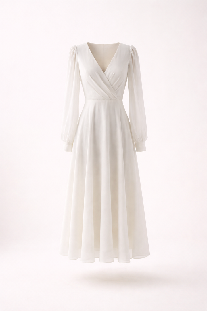 Feestjurk: witte elegante midi jurk met opvallende pofmouwen en V-hals. Perfect voor chique gelegenheden.
