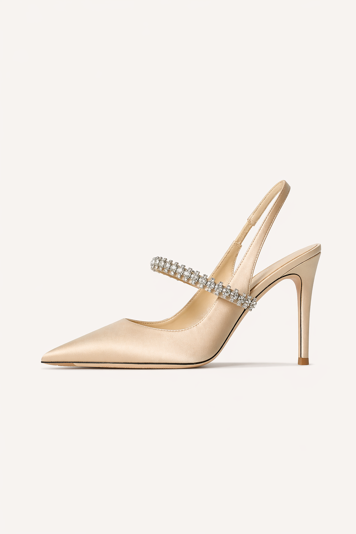 Damesmode: schitterende zilver/beige slingback hakken met spitse neus; perfecte elegante schoenen voor speciale avonden.