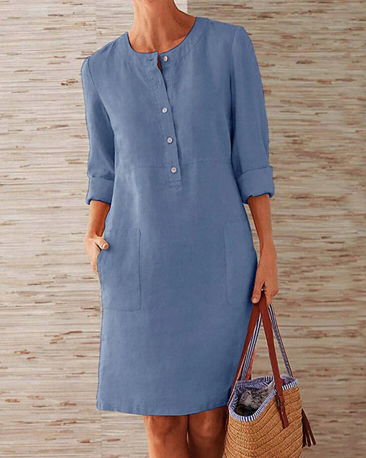 Zachte monochrome A-lijn mini zomerjurk voor dames met 3/4 mouwen, elegante en comfortabele stof.