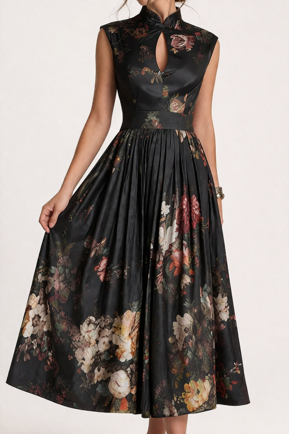 Chique zomerse dames midi jurk met bloemenprint; ideaal voor elegante gelegenheden en vrouwenmode.