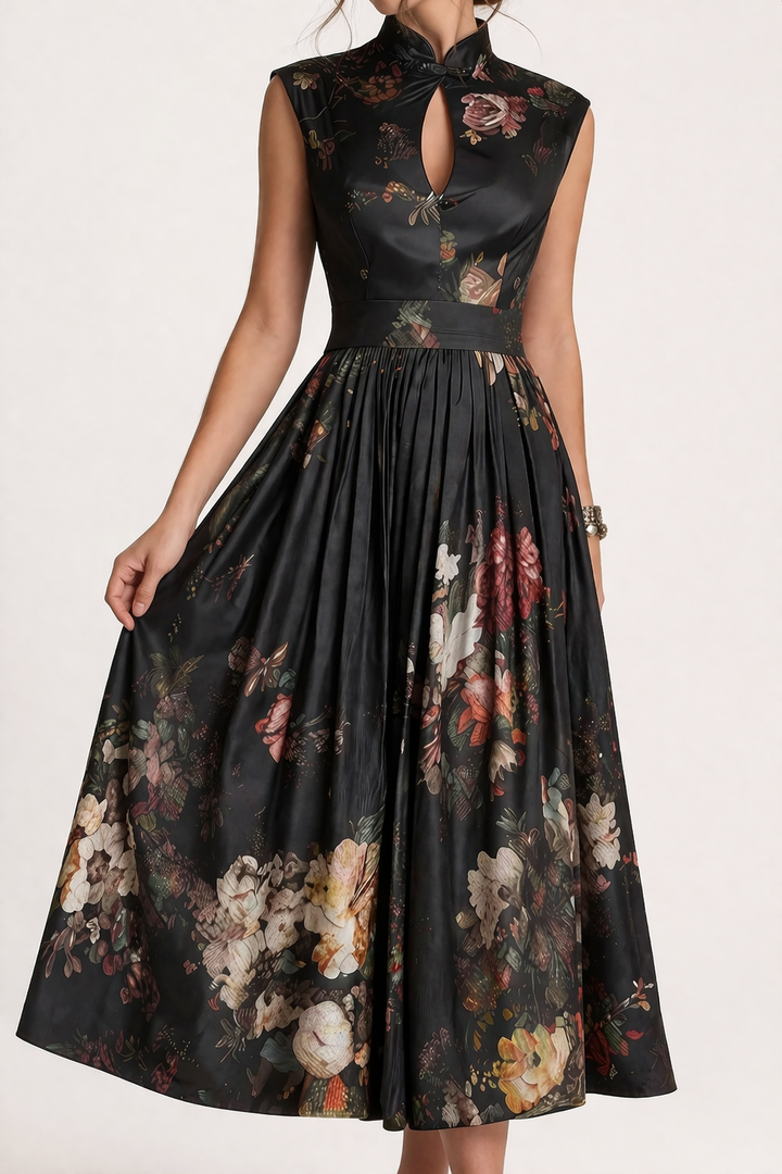 Chique zomerse dames midi jurk met bloemenprint; ideaal voor elegante gelegenheden en vrouwenmode.