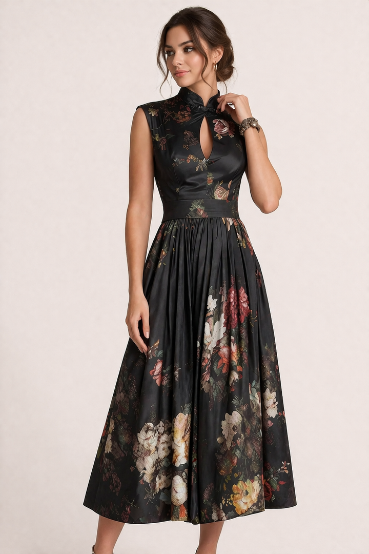 Zwarte dames midi jurk met stijlvolle bloemenprint, een elegante keuze voor elke speciale gelegenheid.