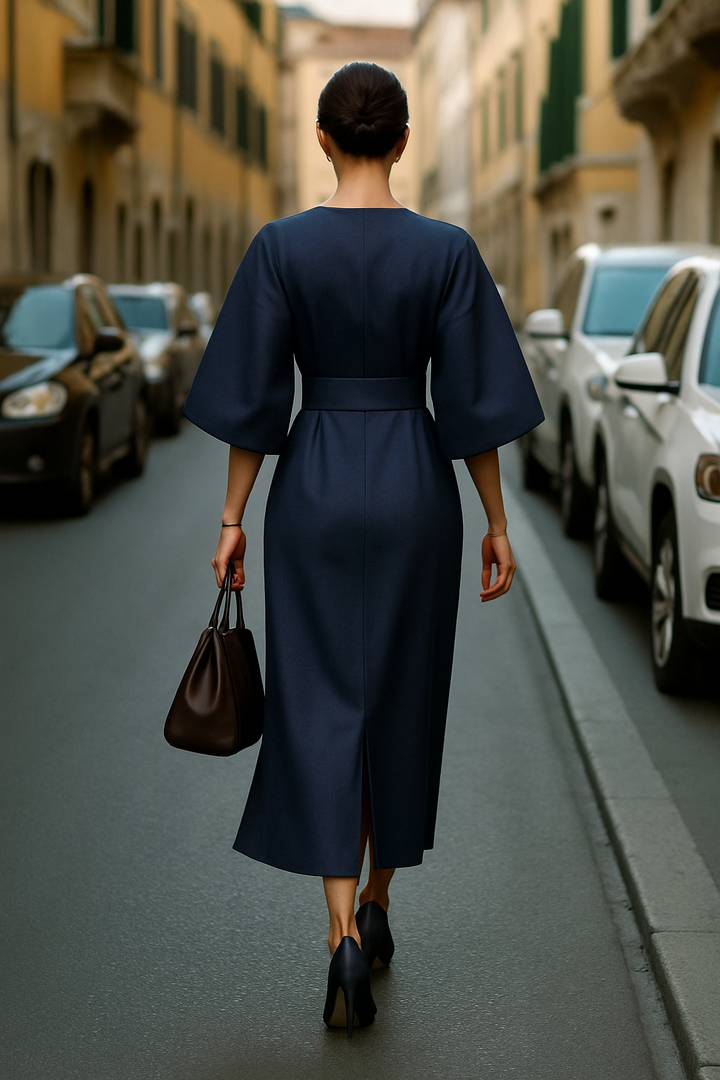 "Elegante zwarte midi-jurk met wijde mouwen, verfijnde tailleband en luxe stof, ideaal voor elke gelegenheid."