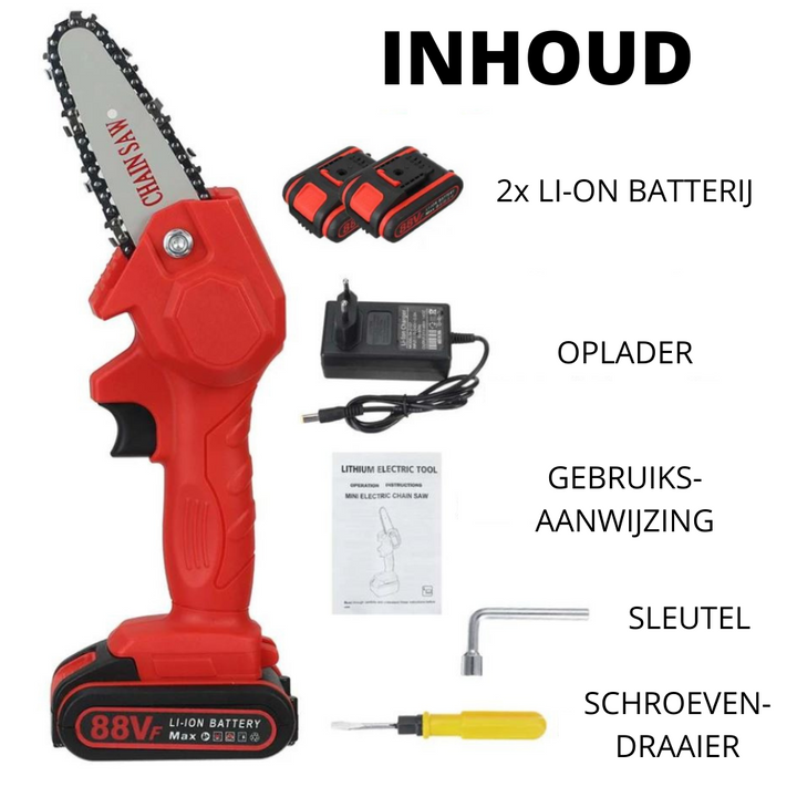 Lichtgewicht draadloze kettingzaag voor eenvoudig tuinieren. Accu aangedreven gemak.